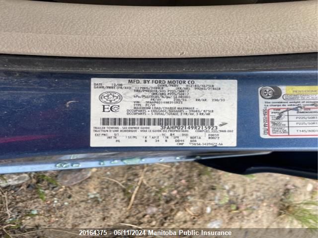 2009 Ford Fusion Sel V6 VIN: 3FAHP02149R215923 Lot: 20164375