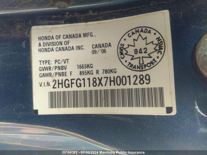 2007 Honda Civic Dx VIN: 2HGFG118X7H001289 Lot: 20164382