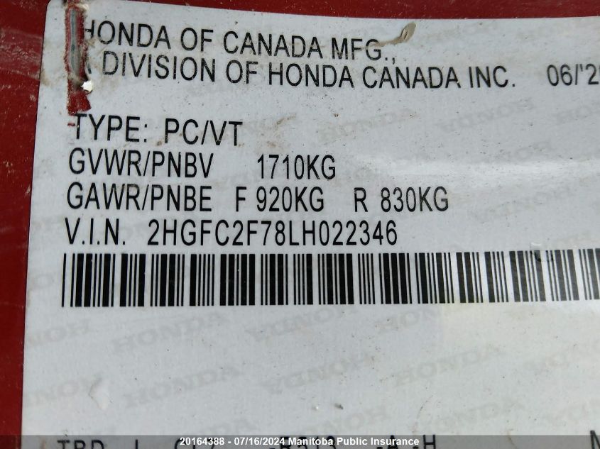 2020 Honda Civic Ex VIN: 2HGFC2F78LH022346 Lot: 20164388