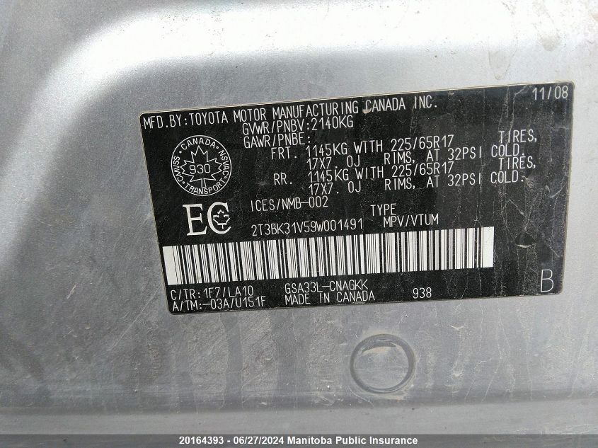 2009 Toyota Rav4 Limited V6 VIN: 2T3BK31V59W001491 Lot: 20164393