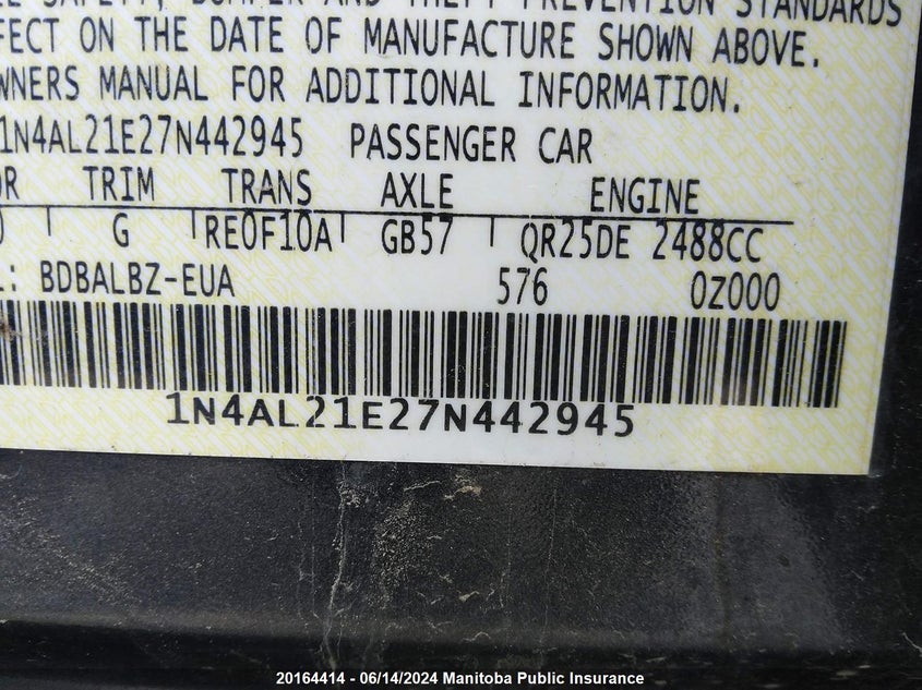 2007 Nissan Altima 2.5 S VIN: 1N4AL21E27N442945 Lot: 20164414