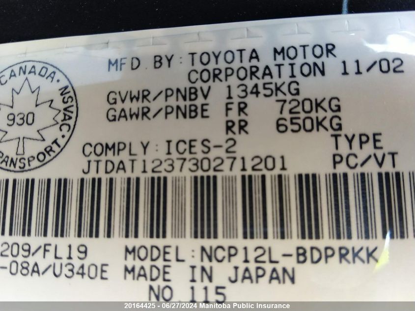 2003 Toyota Echo VIN: JTDAT123730271201 Lot: 20164425