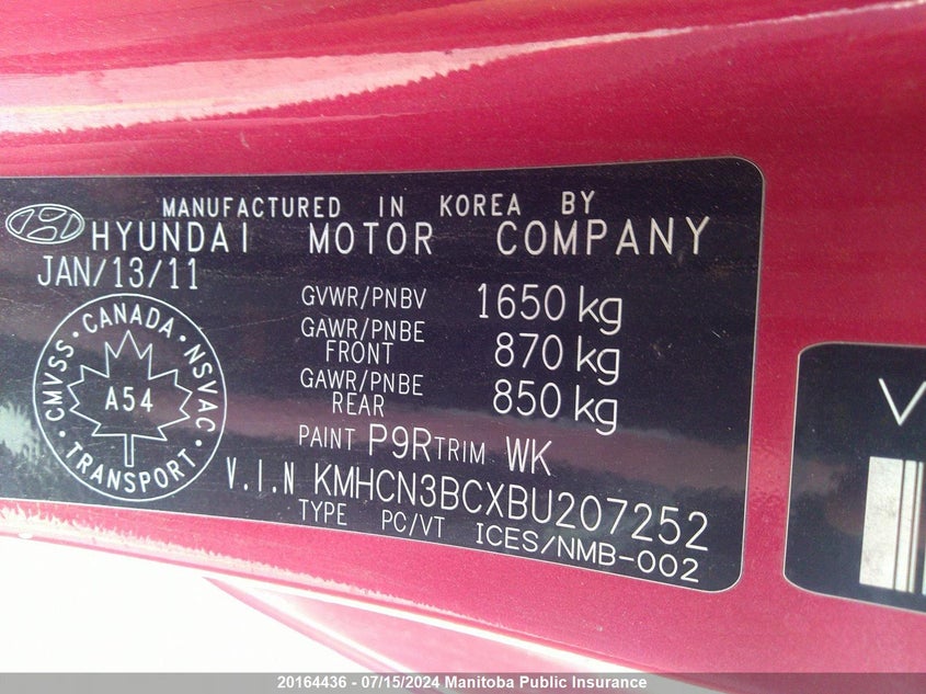 2011 Hyundai Accent Gl VIN: KMHCN3BCXBU207252 Lot: 20164436