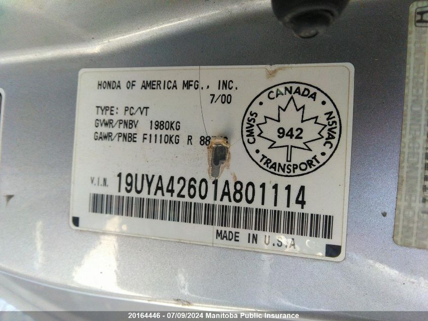 2001 Acura 3.2 Cl Type S VIN: 19UYA42601A801114 Lot: 20164446