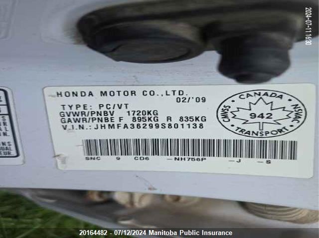 2009 Honda Civic Hybrid VIN: JHMFA36299S801138 Lot: 20164482