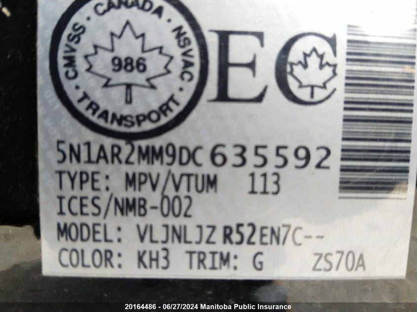 2013 Nissan Pathfinder Platinum VIN: 5N1AR2MM9DC635592 Lot: 20164486