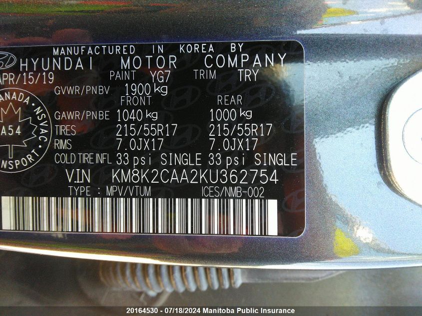 2019 Hyundai Kona Preferred VIN: KM8K2CAA2KU362754 Lot: 20164530