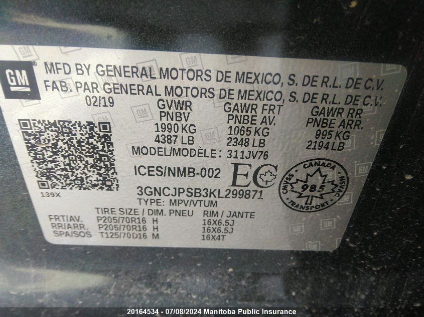 2019 Chevrolet Trax Lt VIN: 3GNCJPSB3KL299871 Lot: 20164534