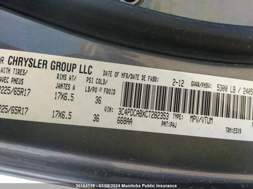 2012 Dodge Journey Se VIN: 3C4PDCABXCT282353 Lot: 20164539