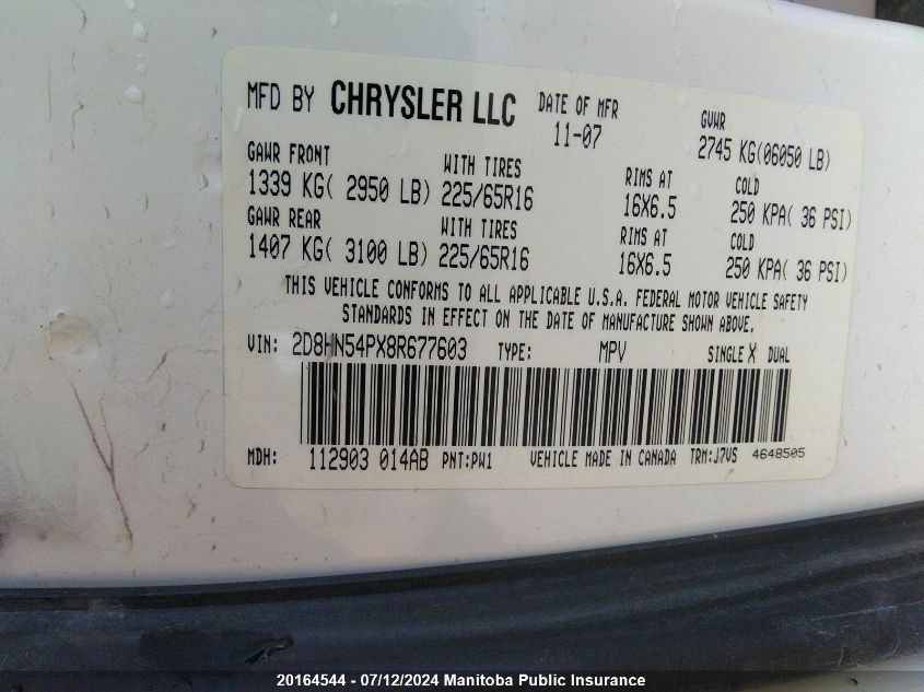 2008 Dodge Grand Caravan Sxt VIN: 2D8HN54PX8R677603 Lot: 20164544