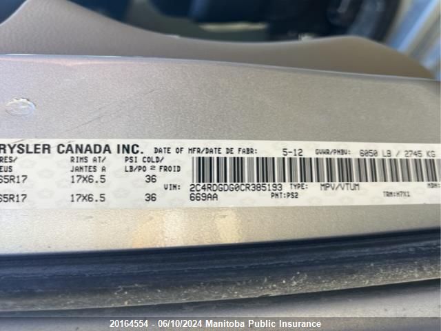 2012 Dodge Grand Caravan Crew VIN: 2C4RDGDG0CR385193 Lot: 20164554