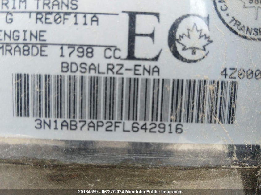 2015 Nissan Sentra 1.8 Sr VIN: 3N1AB7AP2FL642916 Lot: 20164559