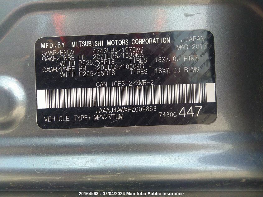 2017 Mitsubishi Rvr Se VIN: JA4AJ4AWXHZ609853 Lot: 20164568