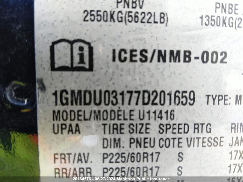 2007 Pontiac Montana Sv6 Sv6 VIN: 1GMDU03177D201659 Lot: 20164576
