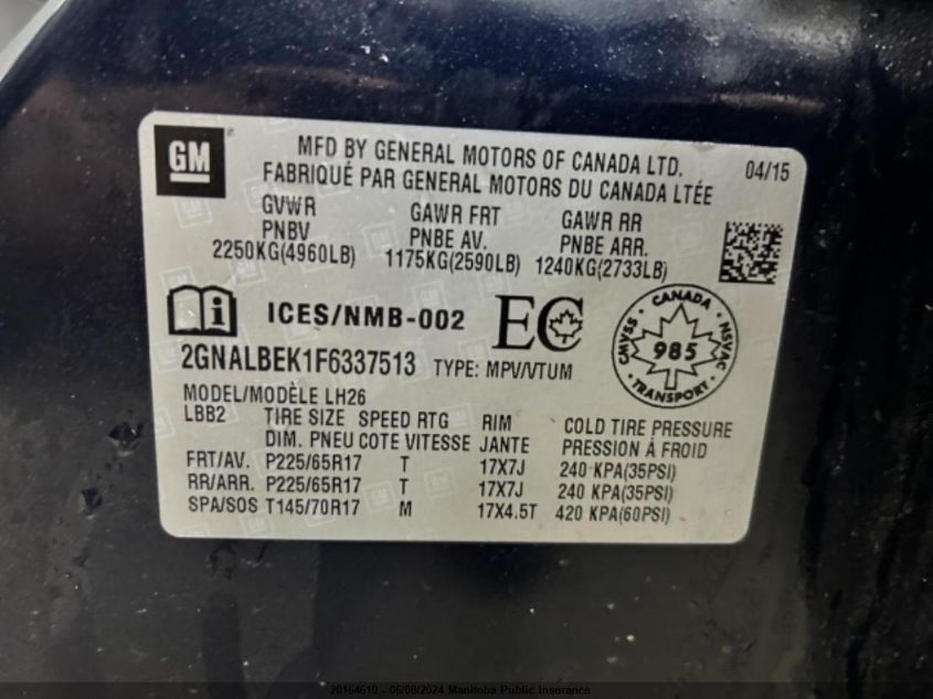2015 Chevrolet Equinox Lt VIN: 2GNALBEK1F6337513 Lot: 20164610