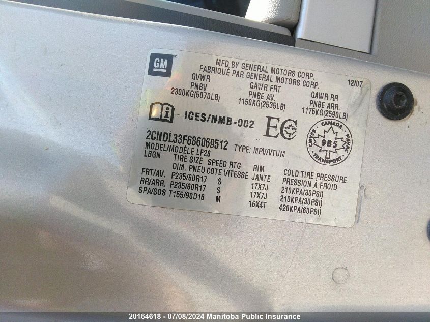 2008 Chevrolet Equinox Lt V6 VIN: 2CNDL33F686069512 Lot: 20164618