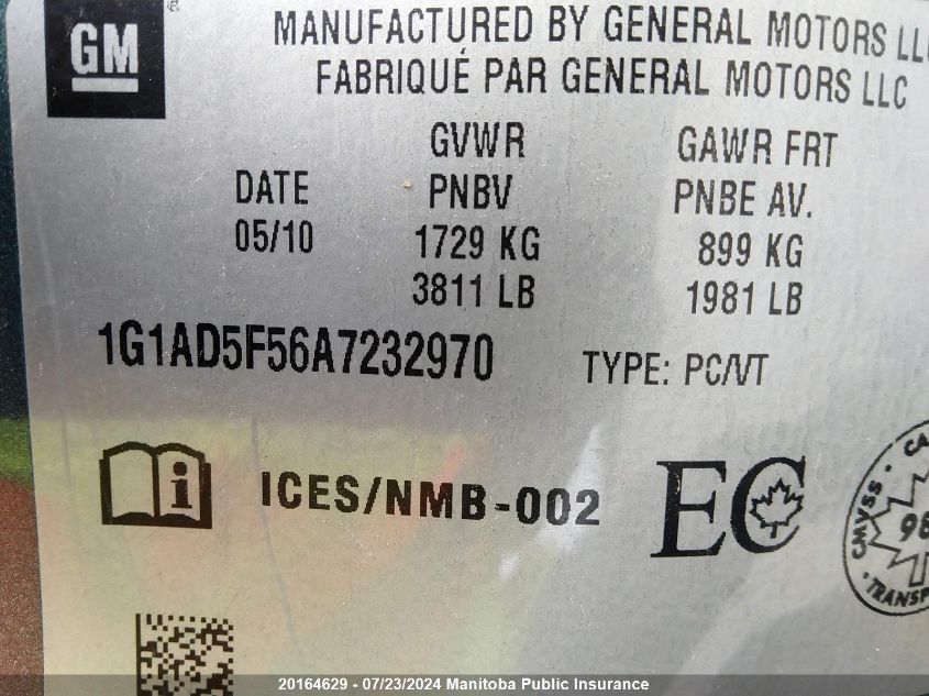 2010 Chevrolet Cobalt Lt VIN: 1G1AD5F56A7232970 Lot: 20164629