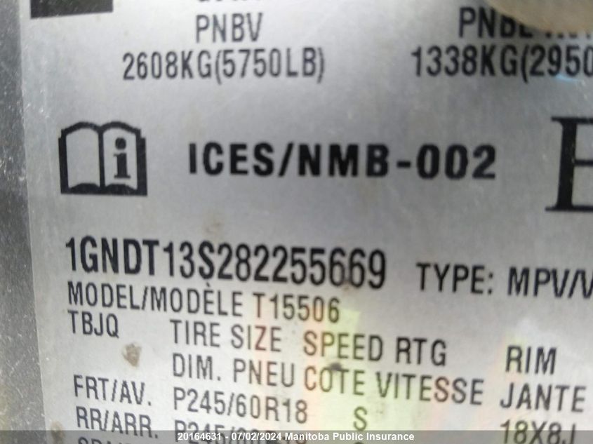 2008 Chevrolet Trailblazer Lt VIN: 1GNDT13S282255669 Lot: 20164631