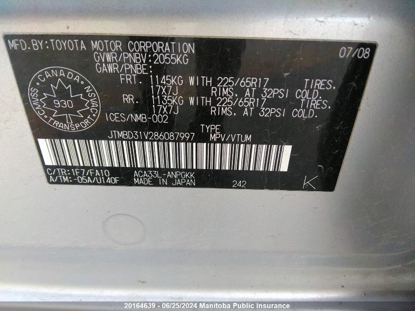 2008 Toyota Rav4 Limited VIN: JTMBD31V286087997 Lot: 20164639