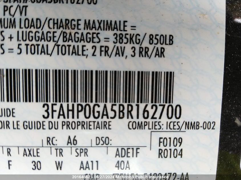 2011 Ford Fusion S VIN: 3FAHP0GA5BR162700 Lot: 20164662