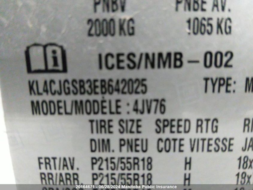 2014 Buick Encore VIN: KL4CJGSB3EB642025 Lot: 20164671