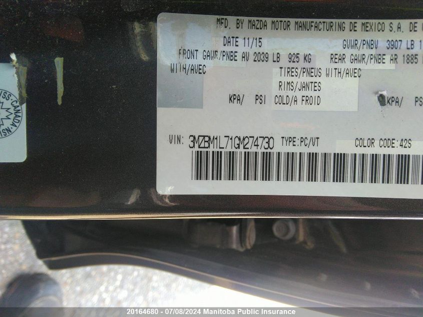 2016 Mazda Mazda3 Sport Gs Sky VIN: 3MZBM1L71GM274730 Lot: 20164680