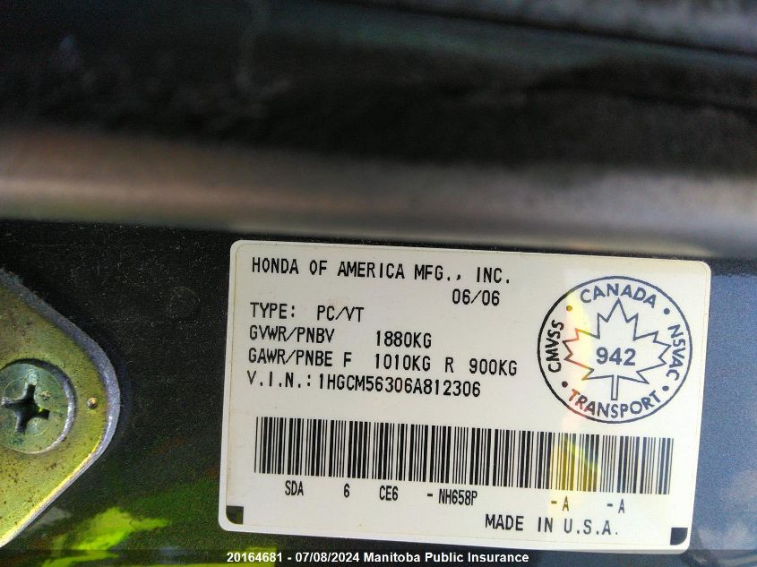 2006 Honda Accord Se VIN: 1HGCM56306A812306 Lot: 20164681