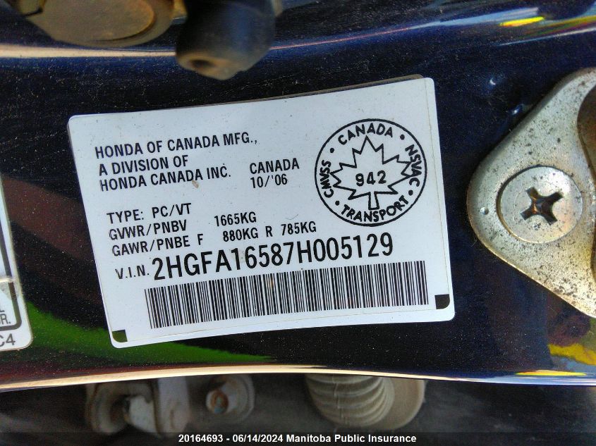 2007 Honda Civic Lx VIN: 2HGFA16587H005129 Lot: 20164693