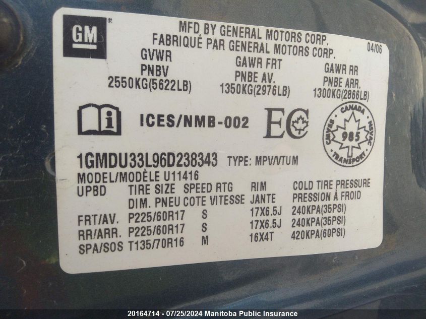 2006 Pontiac Montana Sv6 Sv6 VIN: 1GMDU33L96D238343 Lot: 20164714