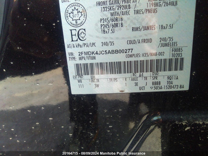 2010 Ford Edge Sel VIN: 2FMDK4JC5ABB00277 Lot: 20164715