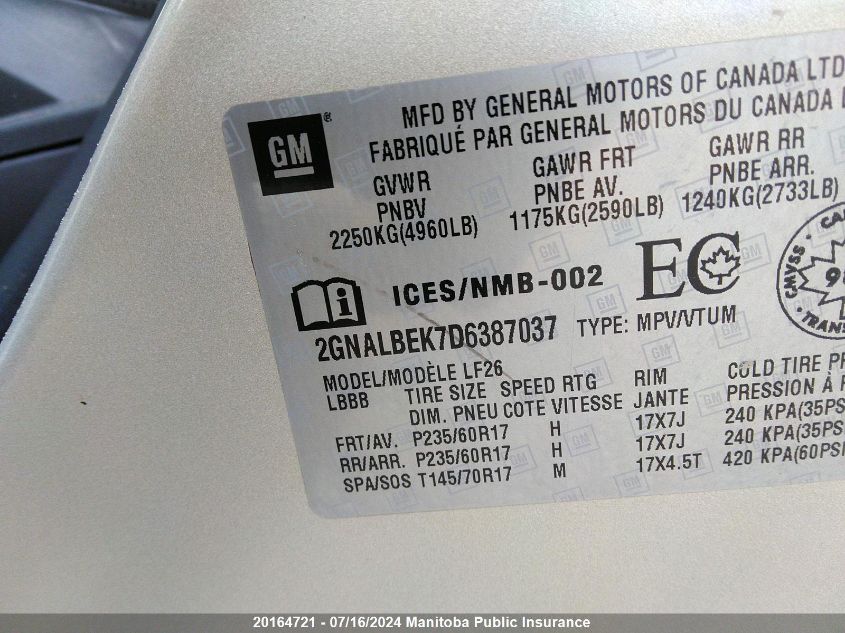 2013 Chevrolet Equinox Ls VIN: 2GNALBEK7D6387037 Lot: 20164721