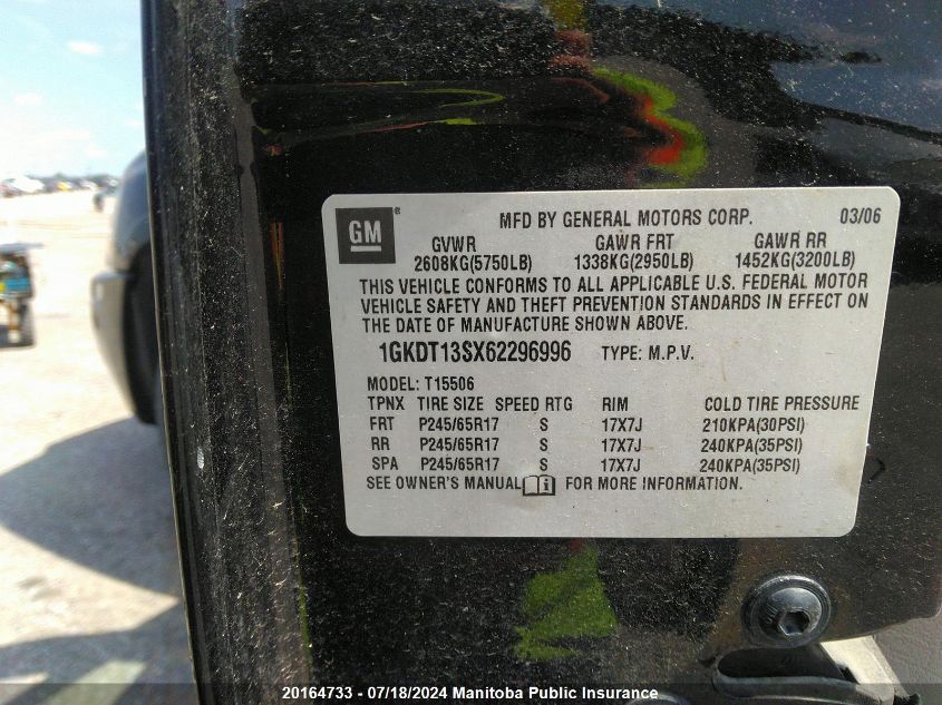 2006 GMC Envoy VIN: 1GKDT13SX62296996 Lot: 20164733