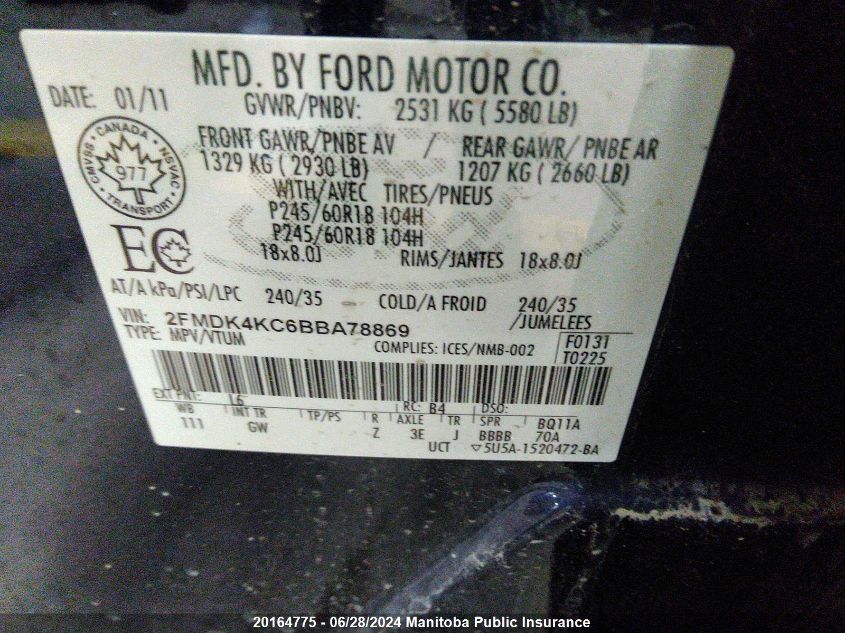 2011 Ford Edge Limited VIN: 2FMDK4KC6BBA78869 Lot: 20164775