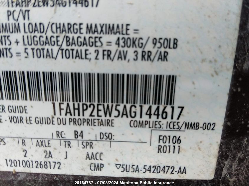 2010 Ford Taurus Sel VIN: 1FAHP2EW5AG144617 Lot: 20164787