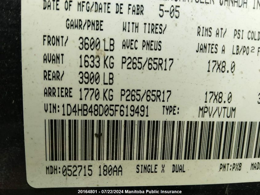 2005 Dodge Durango Slt VIN: 1D4HB48D05F619491 Lot: 20164801