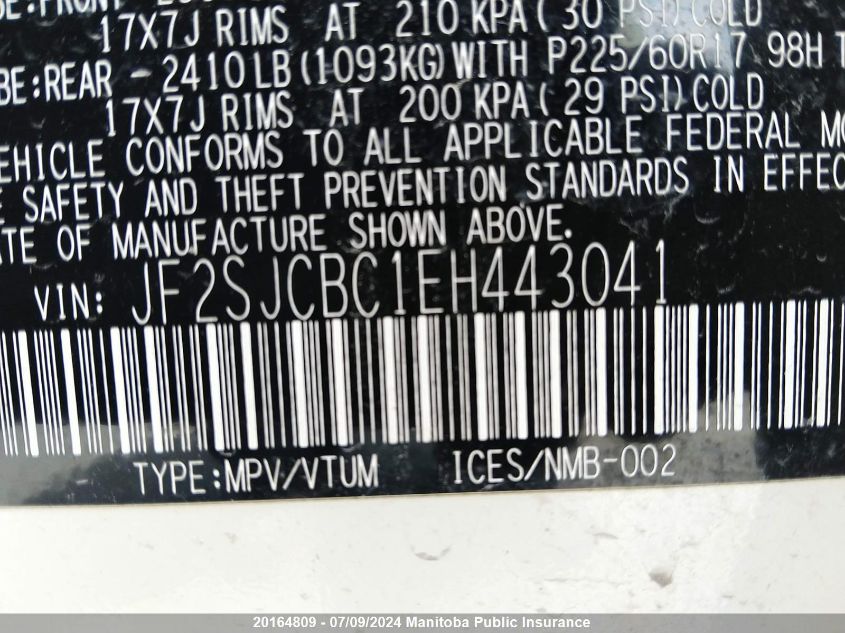 2014 Subaru Forester 2.5I VIN: JF2SJCBC1EH443041 Lot: 20164809