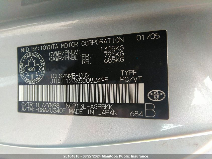 2005 Toyota Echo Le VIN: JTDJT123X50082495 Lot: 20164816