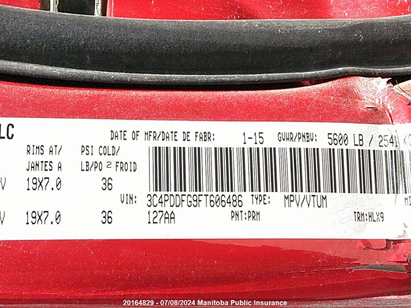 2015 Dodge Journey R/T VIN: 3C4PDDFG9FT606486 Lot: 20164829