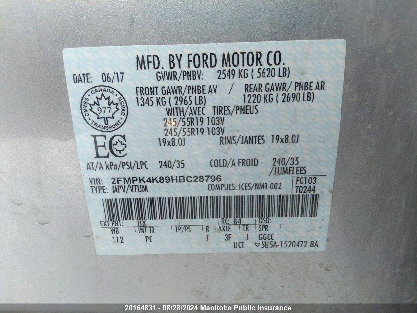 2017 Ford Edge Titanium VIN: 2FMPK4K89HBC28796 Lot: 20164831