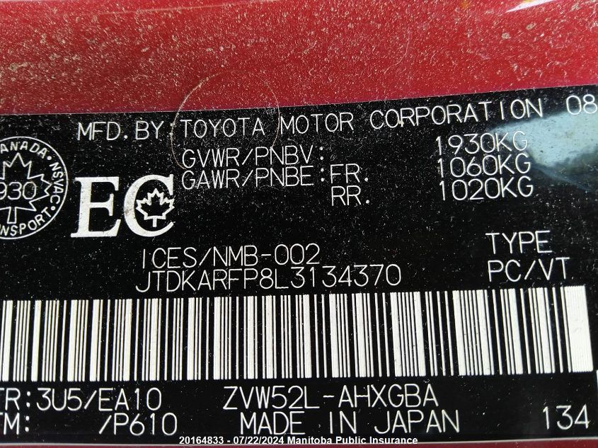 2020 Toyota Prius Prime VIN: JTDKARFP8L3134370 Lot: 20164833