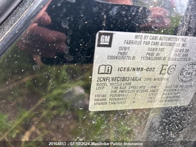 2011 Chevrolet Equinox Lt VIN: 2CNFLNEC0B6314934 Lot: 20164853