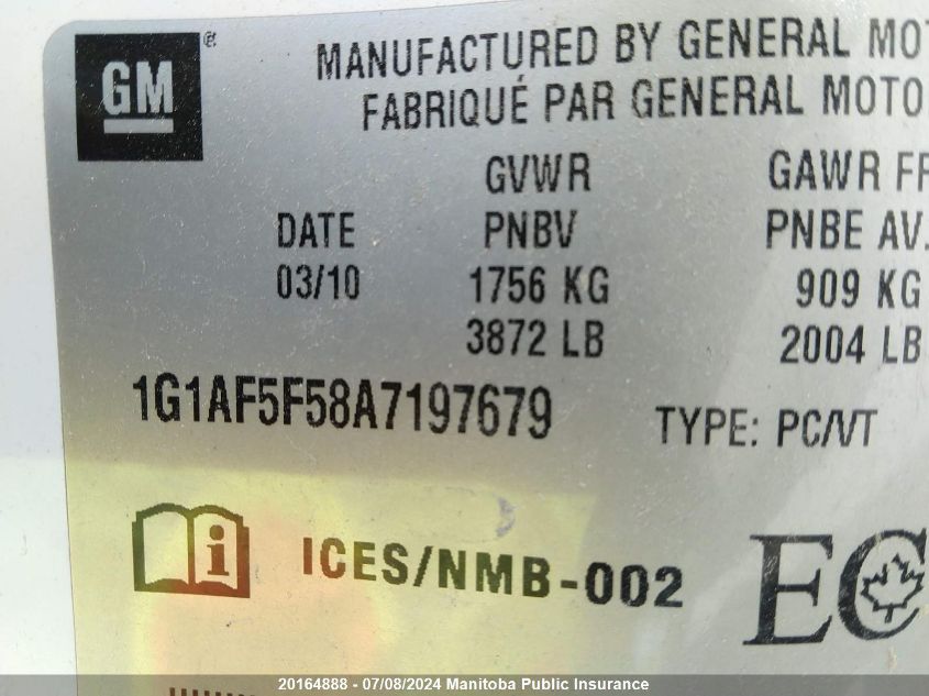 2010 Chevrolet Cobalt Lt VIN: 1G1AF5F58A7197679 Lot: 20164888