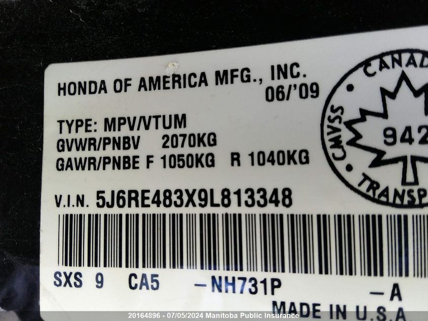 2009 Honda Cr-V Lx VIN: 5J6RE483X9L813348 Lot: 20164896