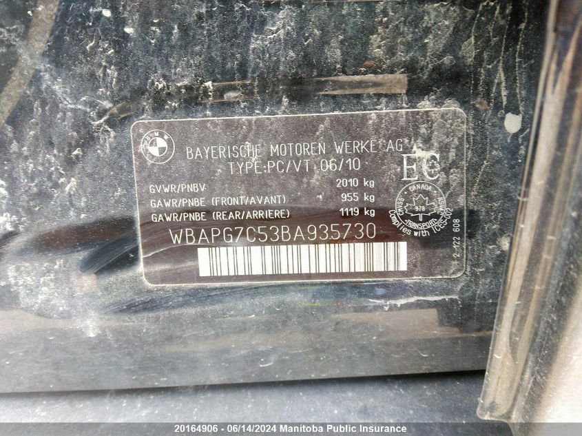 2011 BMW 323I VIN: WBAPG7C53BA935730 Lot: 20164906