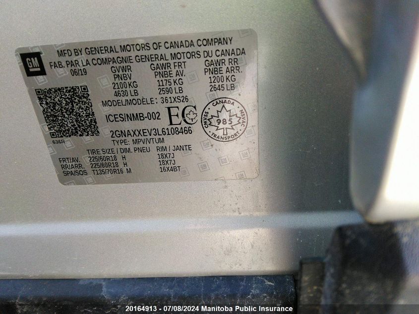 2020 Chevrolet Equinox Premier VIN: 2GNAXXEV3L6108466 Lot: 20164913