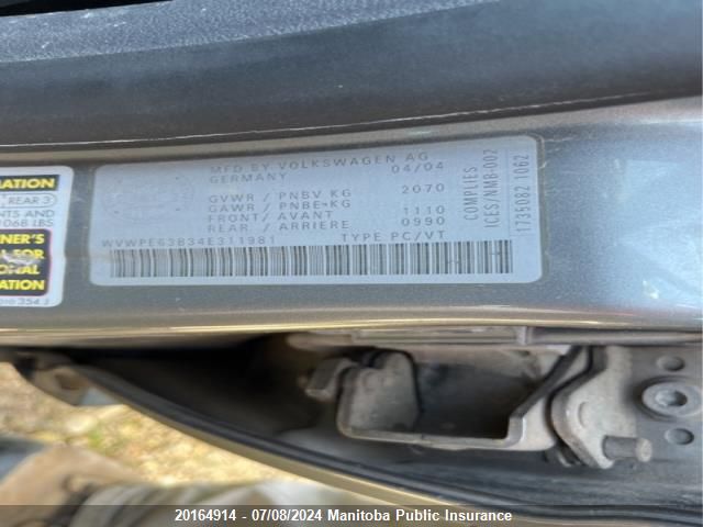 2004 Volkswagen Passat Gls VIN: WVWPE63B34E311981 Lot: 20164914