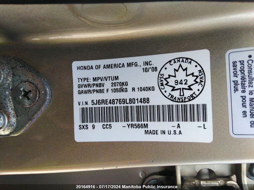 2009 Honda Cr-V Ex-L VIN: 5J6RE48769L801488 Lot: 20164916