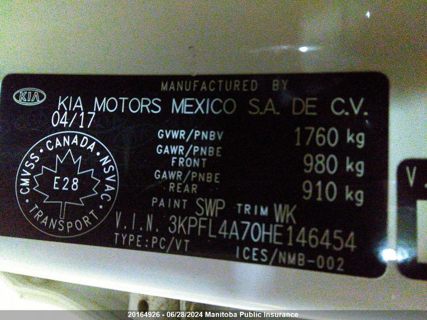 2017 Kia Forte Lx VIN: 3KPFL4A70HE146454 Lot: 20164926