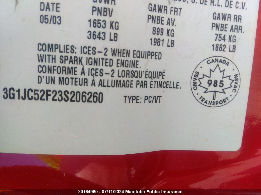 2003 Chevrolet Cavalier Vl VIN: 3G1JC52F23S206260 Lot: 20164960