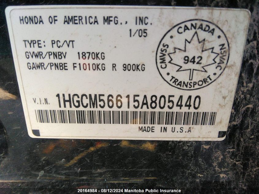 2005 Honda Accord Ex-L VIN: 1HGCM56615A805440 Lot: 20164984